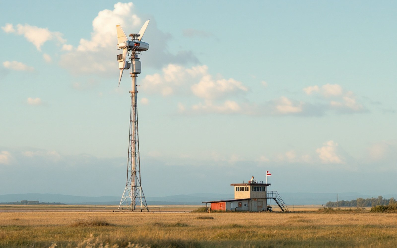 A windsock and a low control building at the edge of a grass airfield, flat daylight