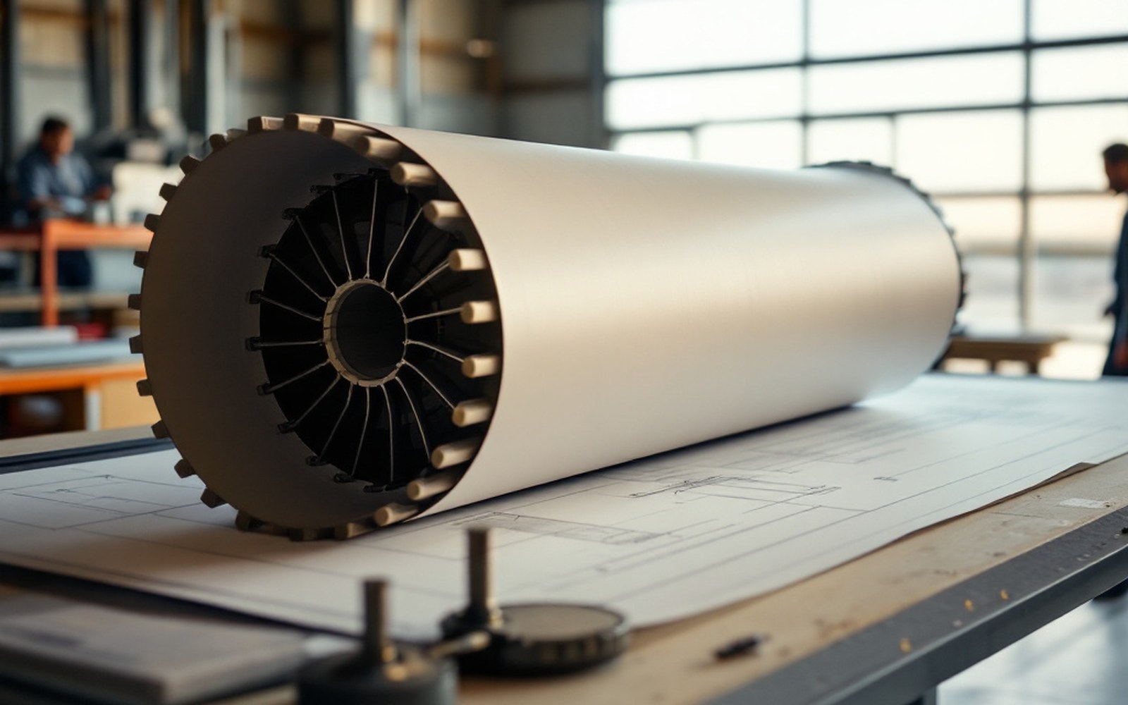 A large engineering drawing of a rotor assembly unrolled on a drawing board with weights at the corners