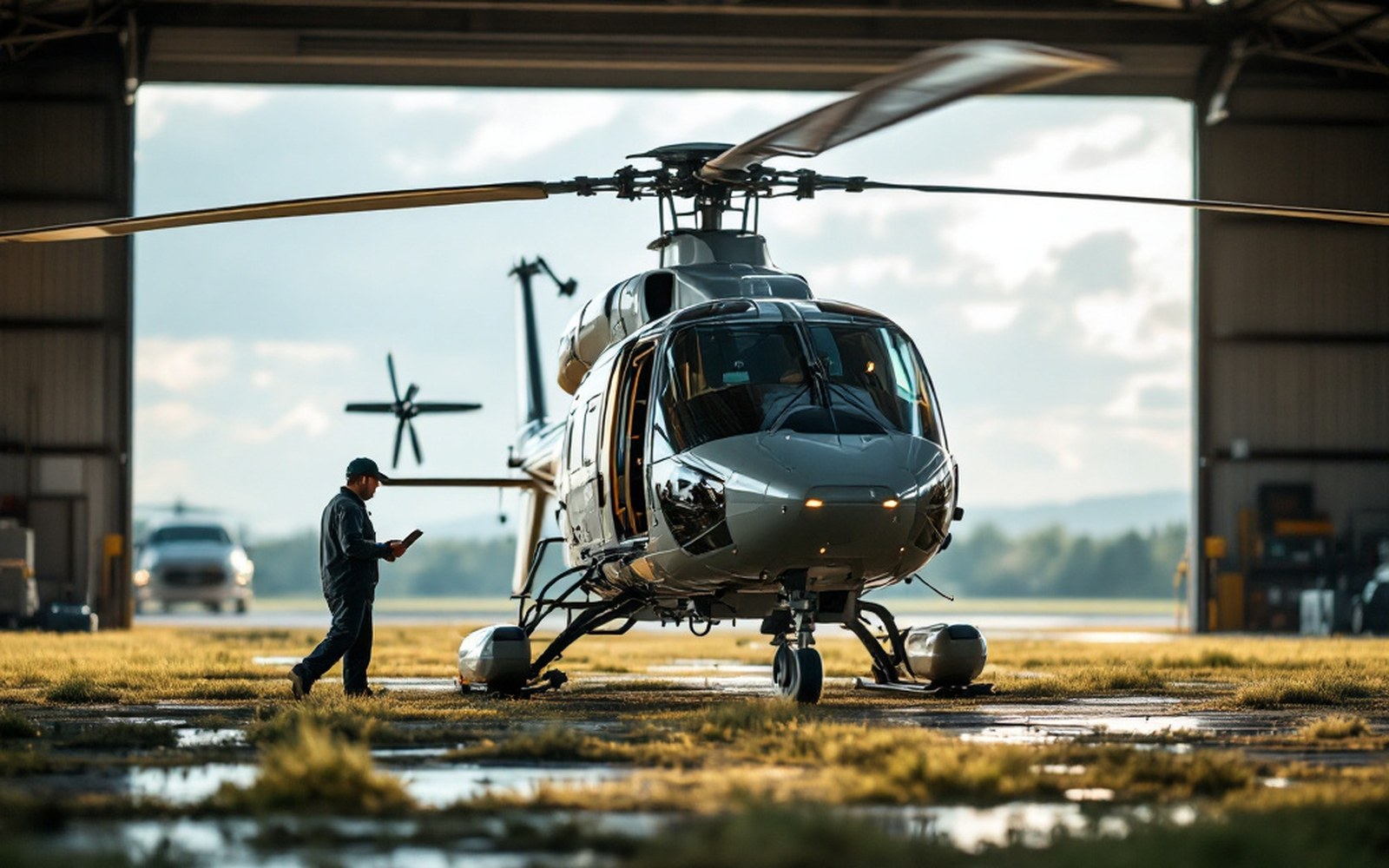 A rotorcraft on grass with its rotor stationary and drooping, seen from the side