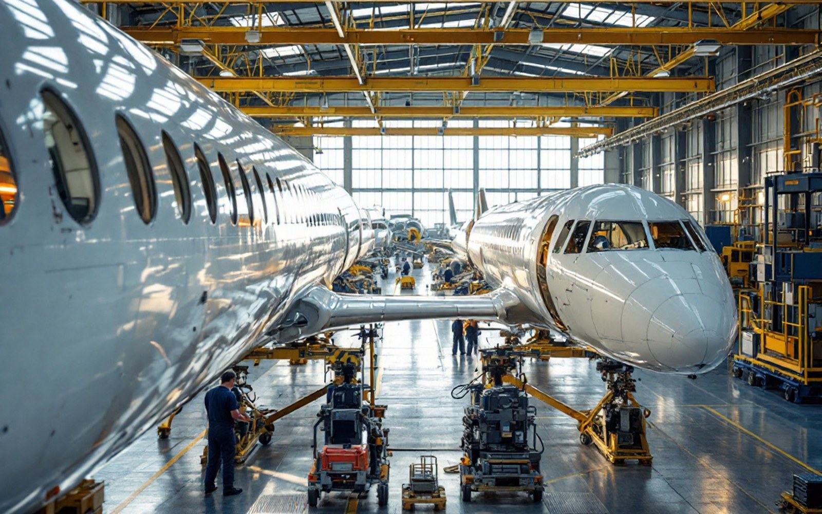 An aircraft factory floor with fuselage frames in a row and overhead gantries