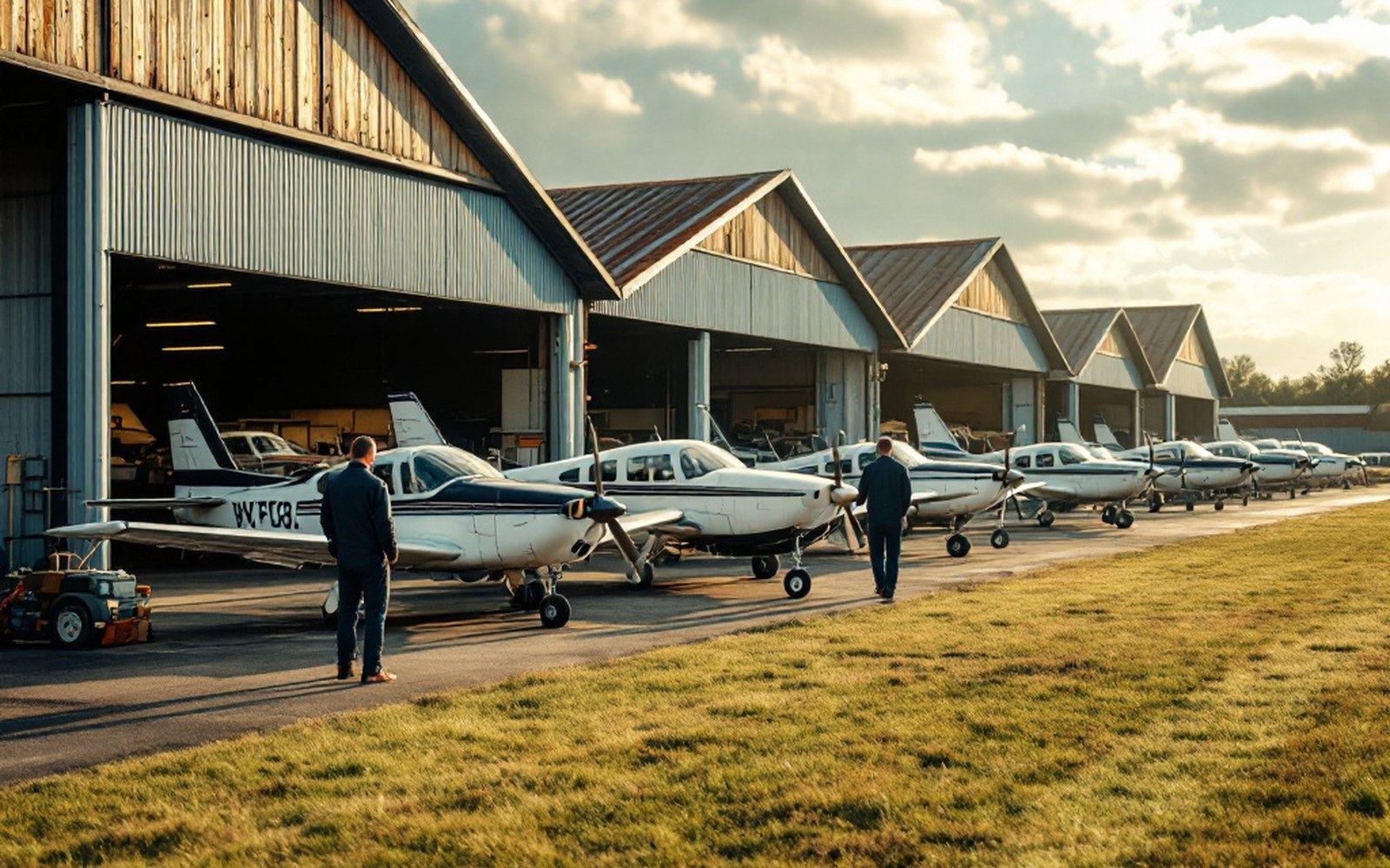 A historic aerodrome with low hangars and a grass apron, light aircraft parked in a row, flat daylight