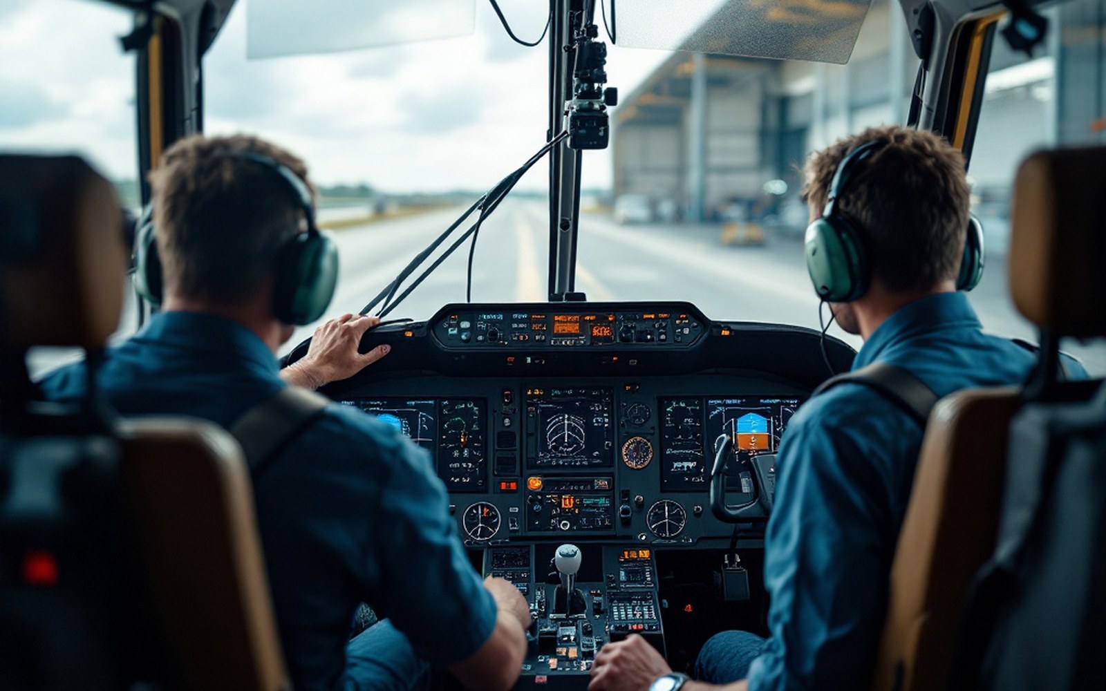 A cockpit interior with a control column running up to an overhead rotor head