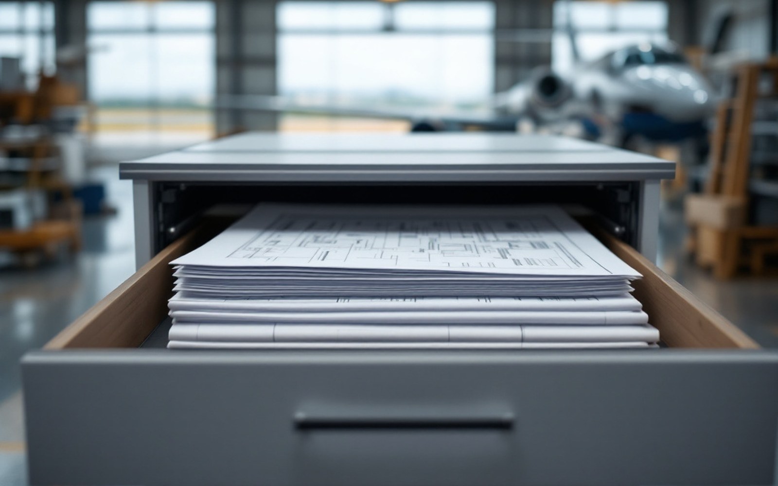 A wide flat drawer pulled open to show large technical drawings stacked inside