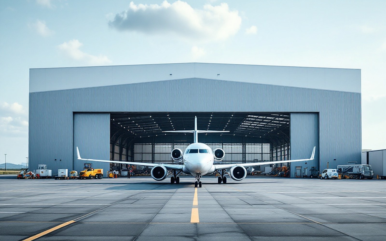 A large hangar seen across an apron with aircraft parked outside it