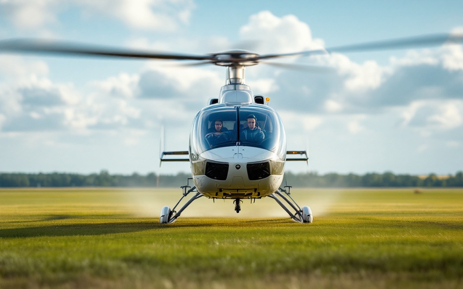 A light helicopter on a grass field with its rotor blurred in motion
