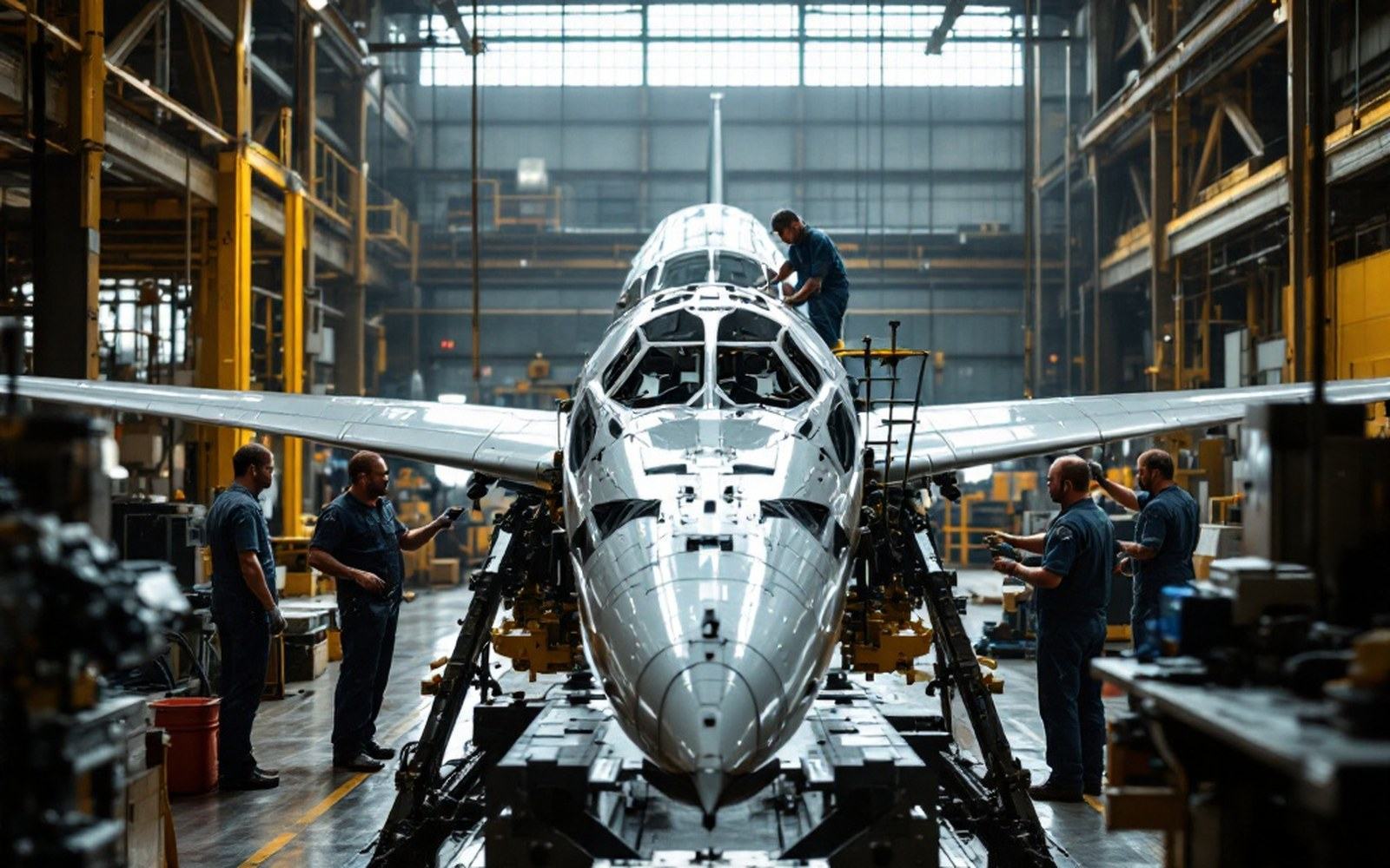 A jig holding an aircraft wing structure with workers around it, factory light