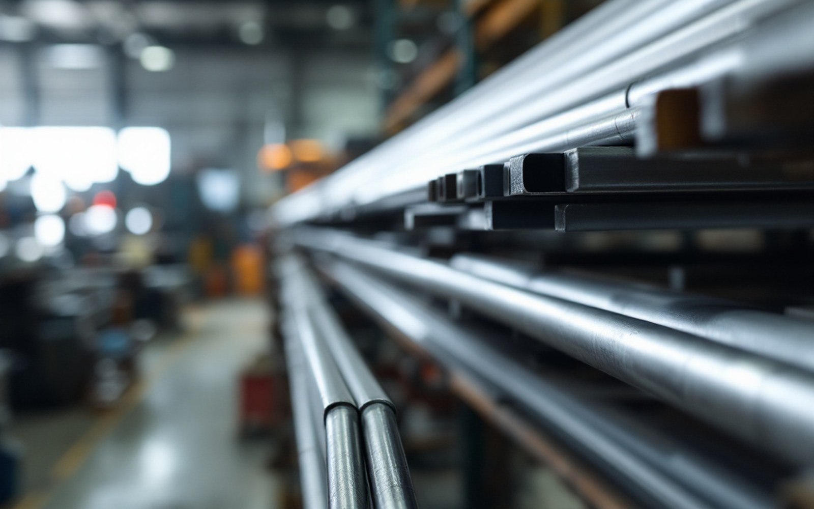 A rack of steel tube and alloy sheet in a workshop store, close