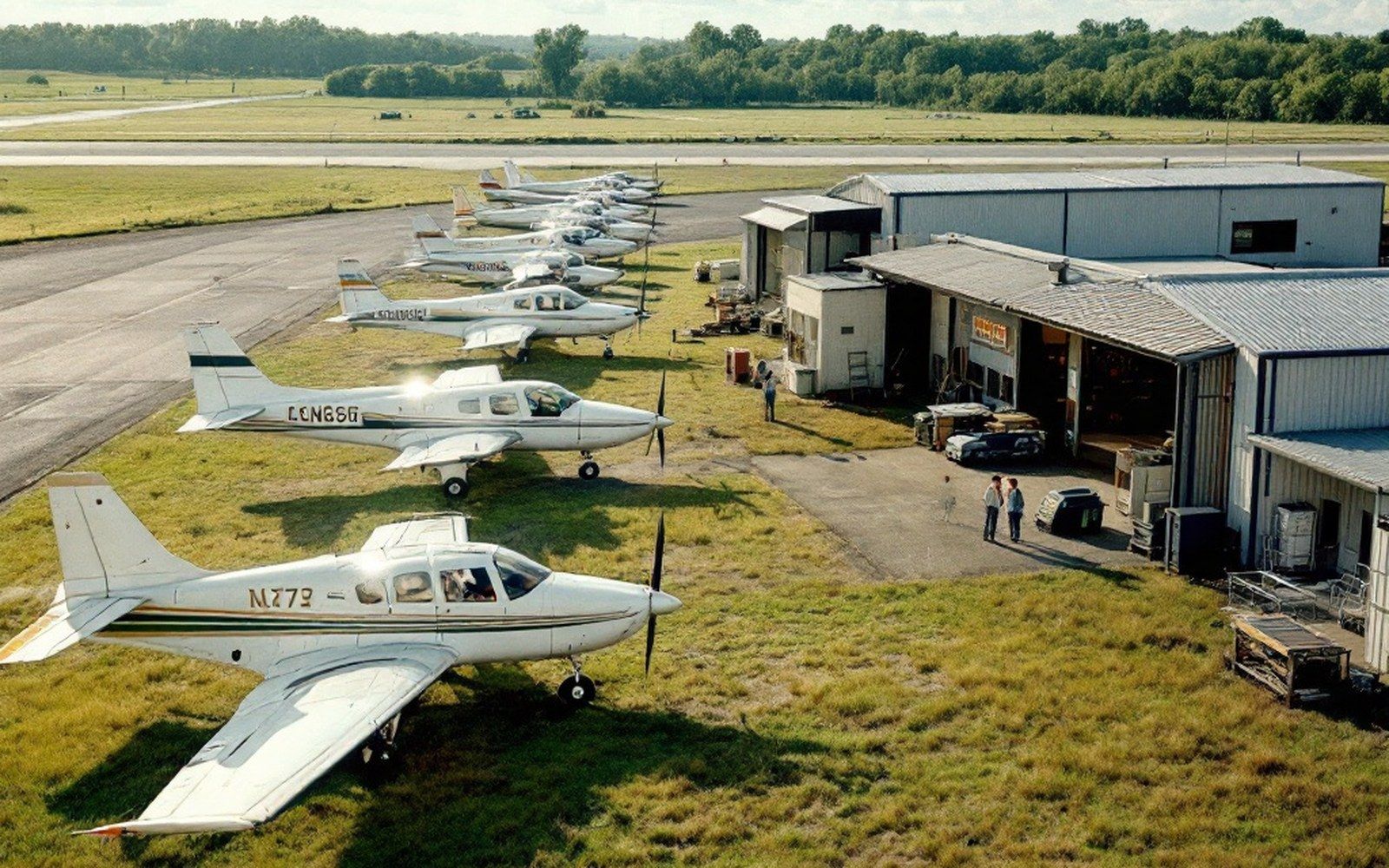 Light aircraft parked in rows on grass beside a small terminal building