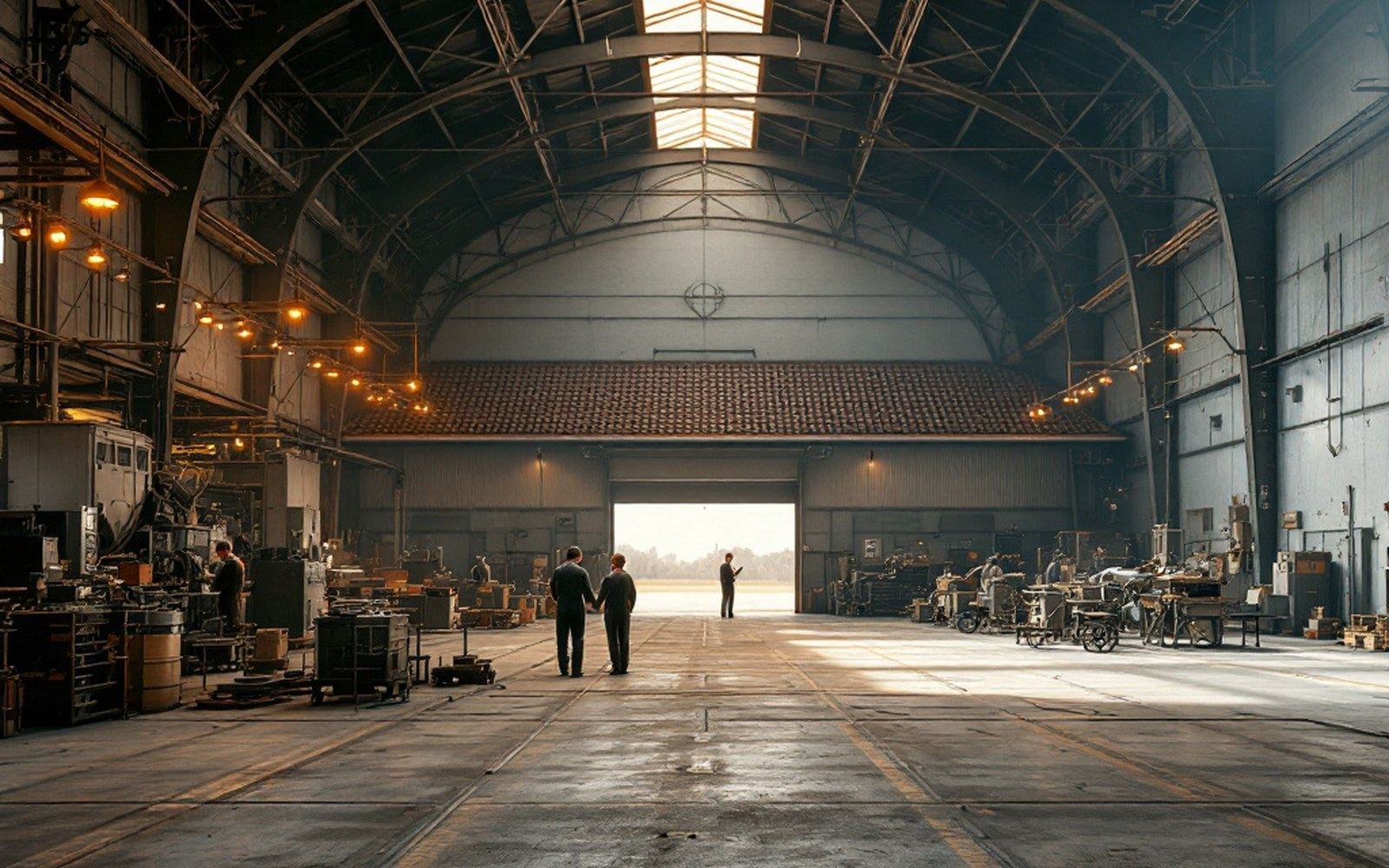 A 1920s aerodrome building with arched openings and a tiled roof, empty apron