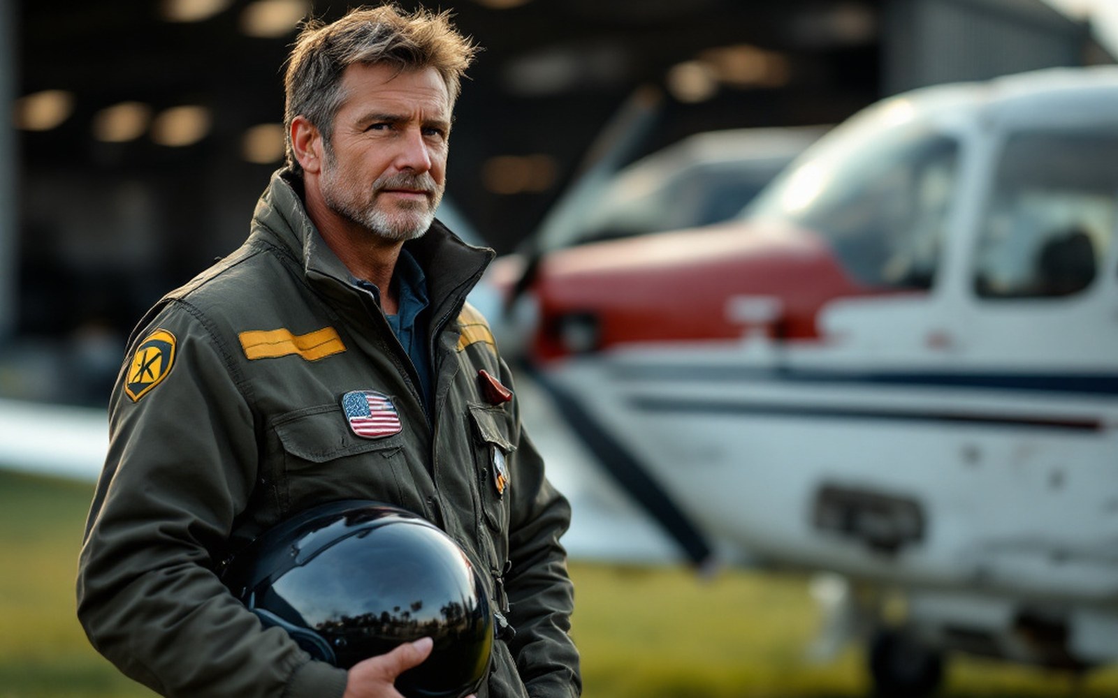 An adult in period flying kit standing beside a light aircraft on grass, helmet in hand