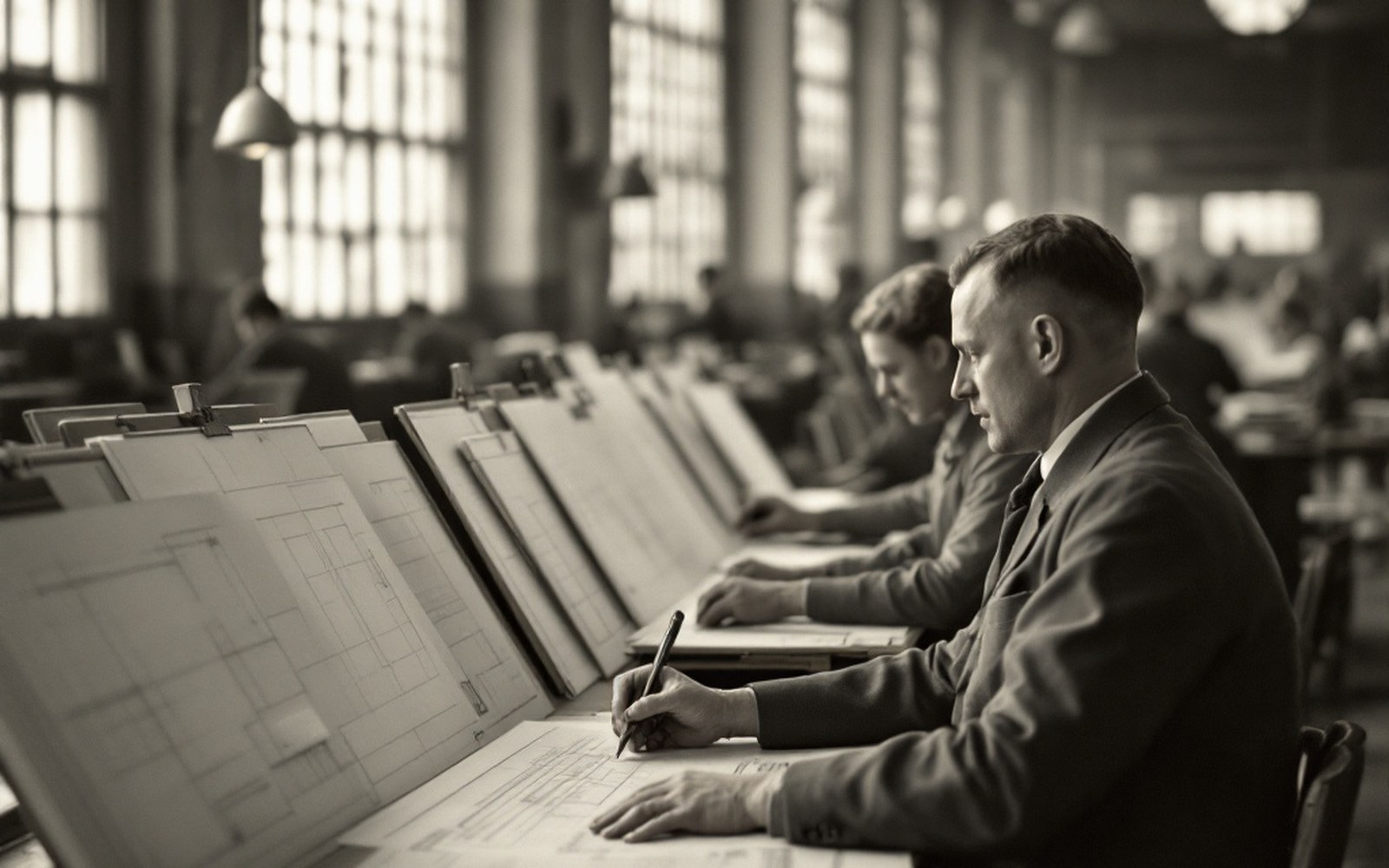 A drawing office of the 1930s with boards in rows under high windows, adults at work