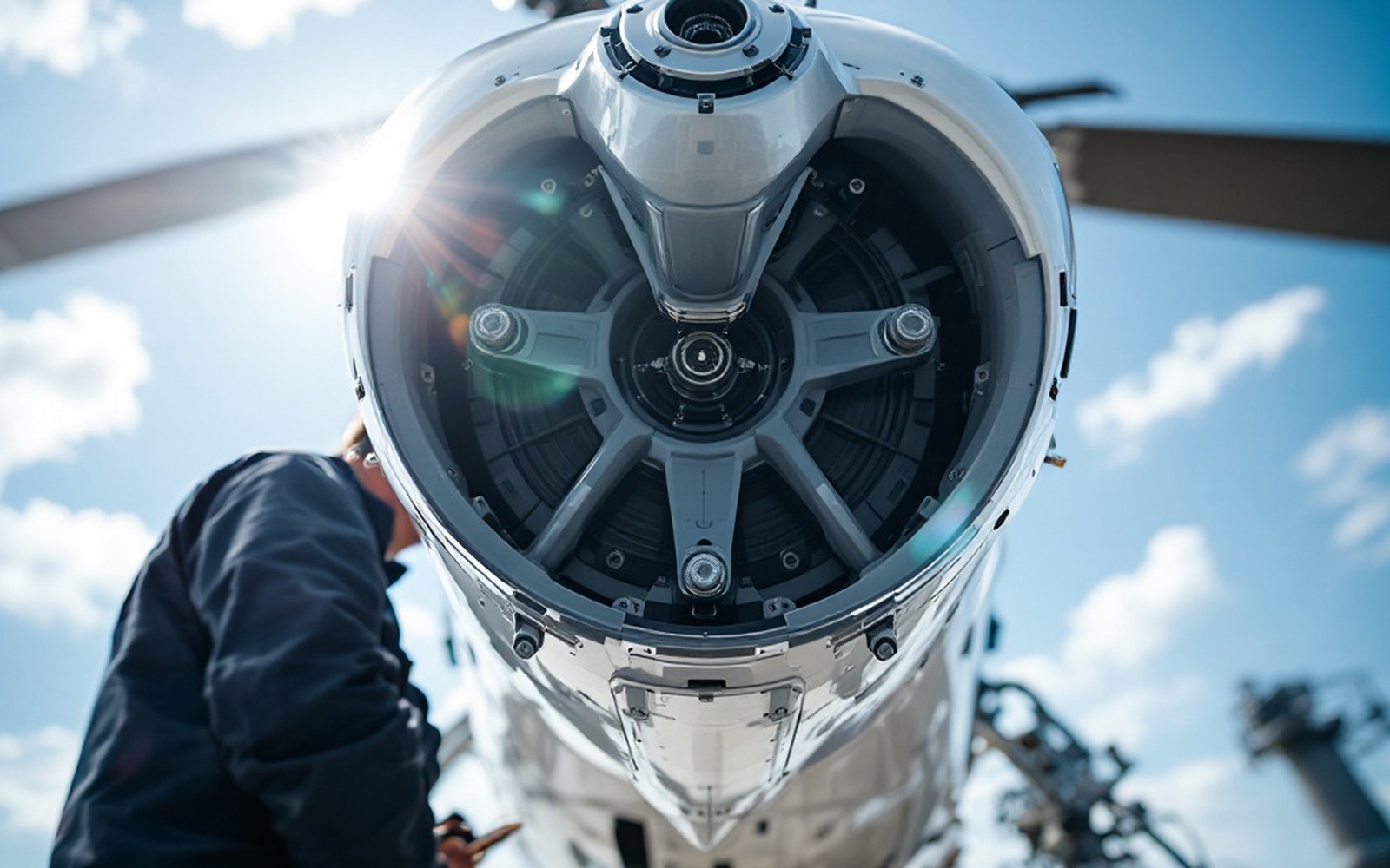 A rotor head photographed close from below so the hinges and linkages are clearly visible against a bright sky